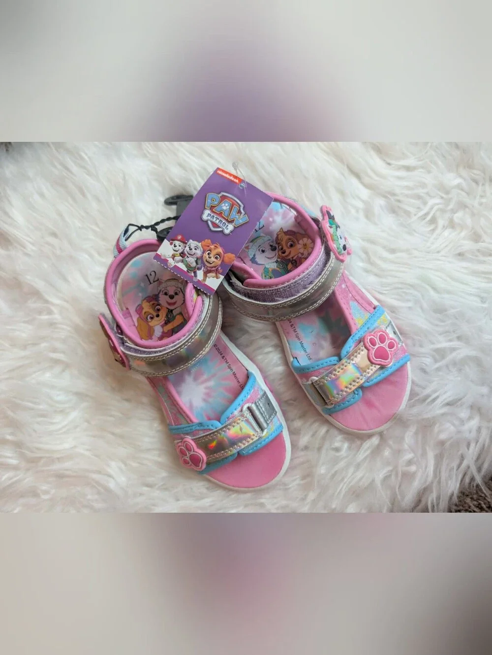 Nwt Disney Girls' Pink Holographic Paw-Print Sandals